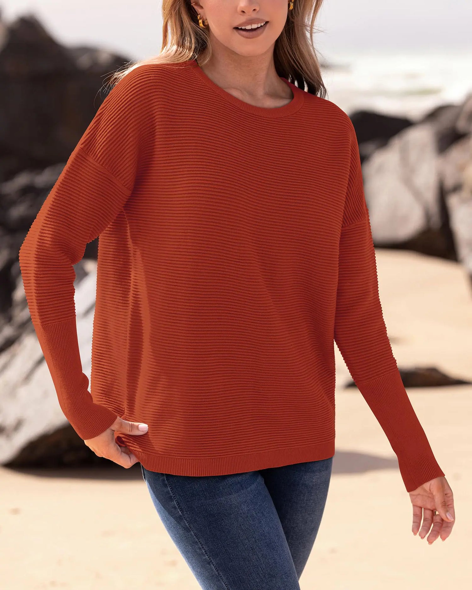 Women Long Sleeve Ribbed Knit Sweater