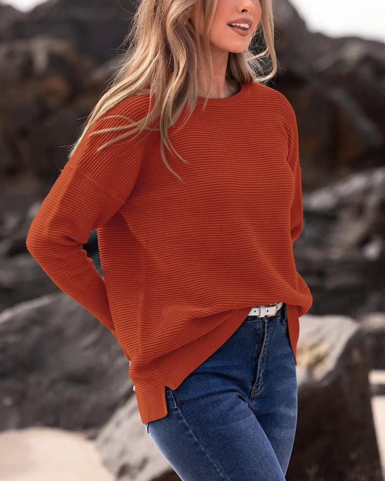 Women Long Sleeve Ribbed Knit Sweater