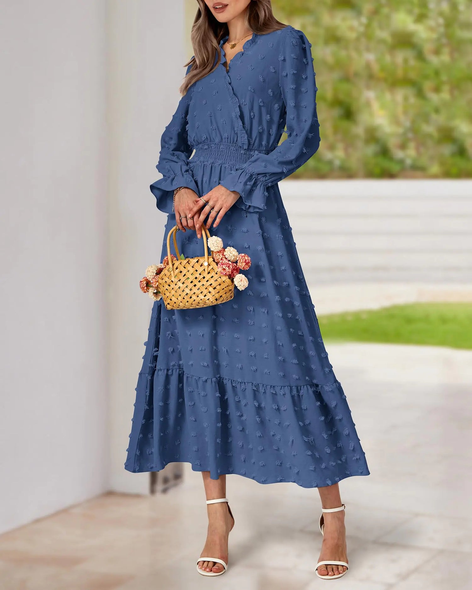 women high waisted ruffle dress with sleeves