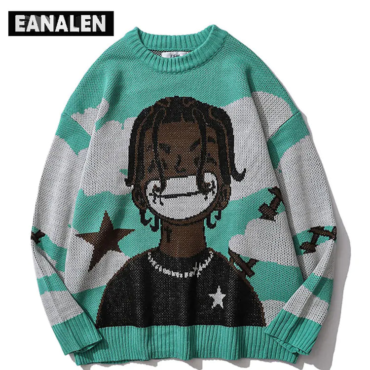 men Harajuku vintage cartoon anime knitted sweater