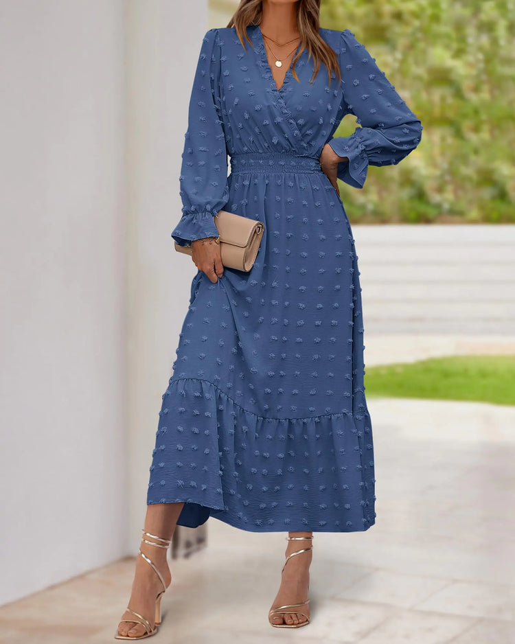 women high waisted ruffle dress with sleeves