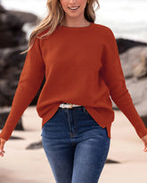 Women Long Sleeve Ribbed Knit Sweater