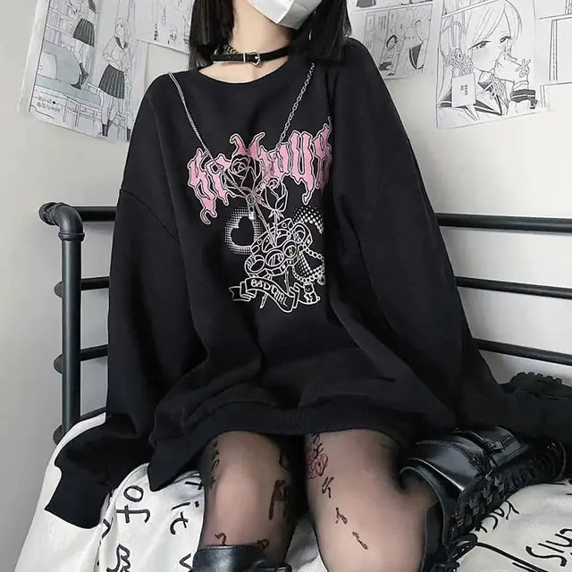 long sleeve japanese sweet cool black and white sweater women