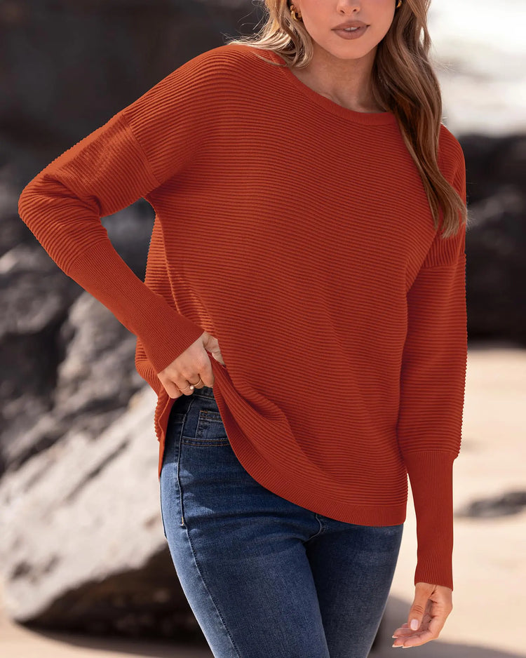 Women Long Sleeve Ribbed Knit Sweater