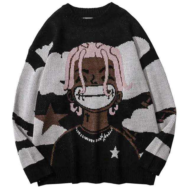 men Harajuku vintage cartoon anime knitted sweater