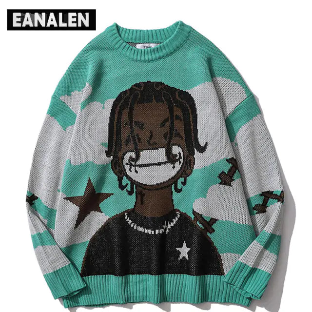 men Harajuku vintage cartoon anime knitted sweater
