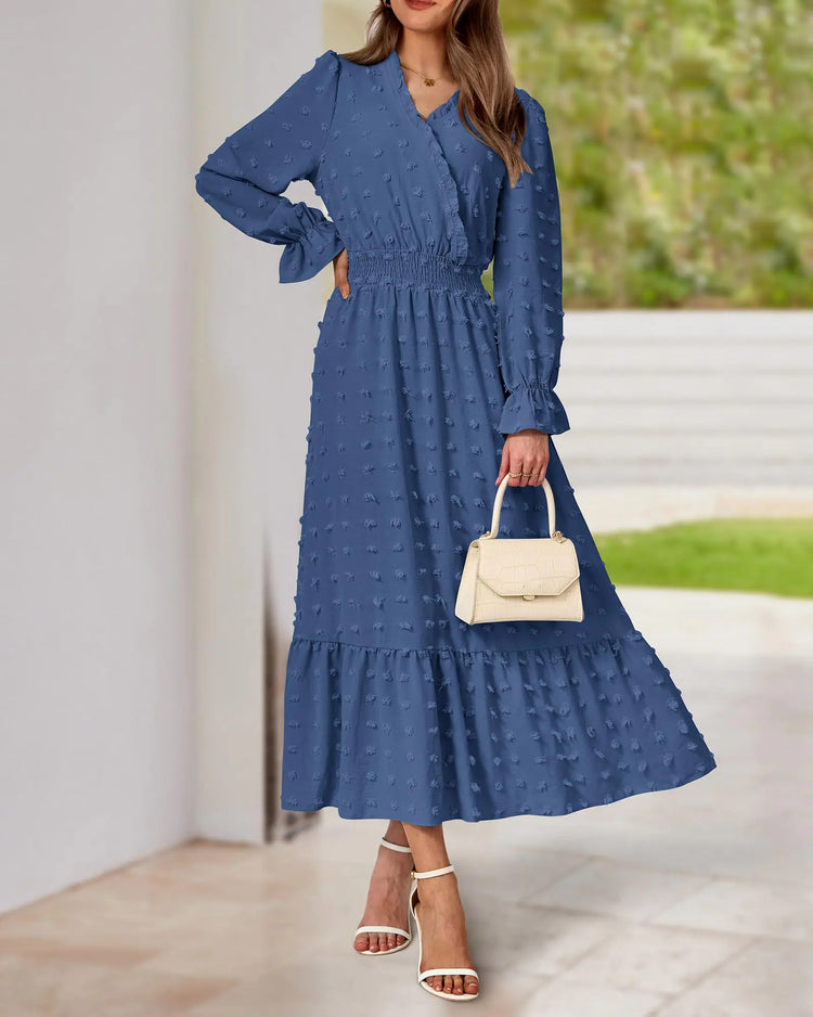 women high waisted ruffle dress with sleeves
