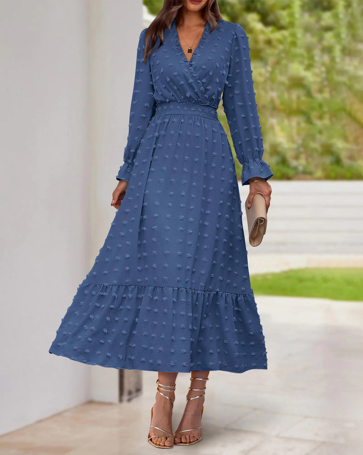 women high waisted ruffle dress with sleeves