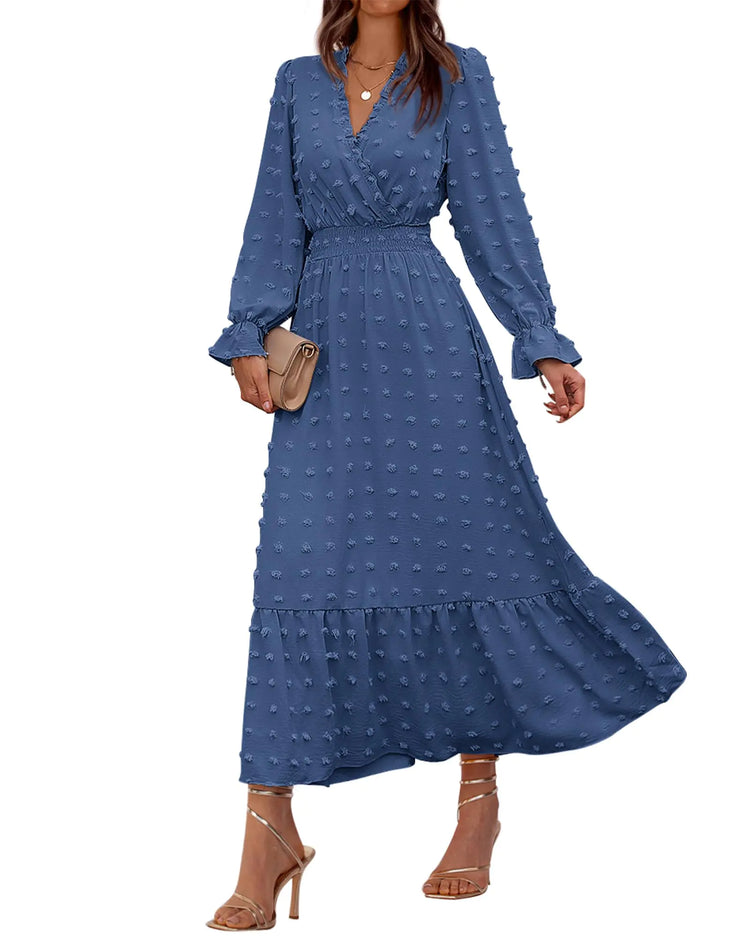 women high waisted ruffle dress with sleeves
