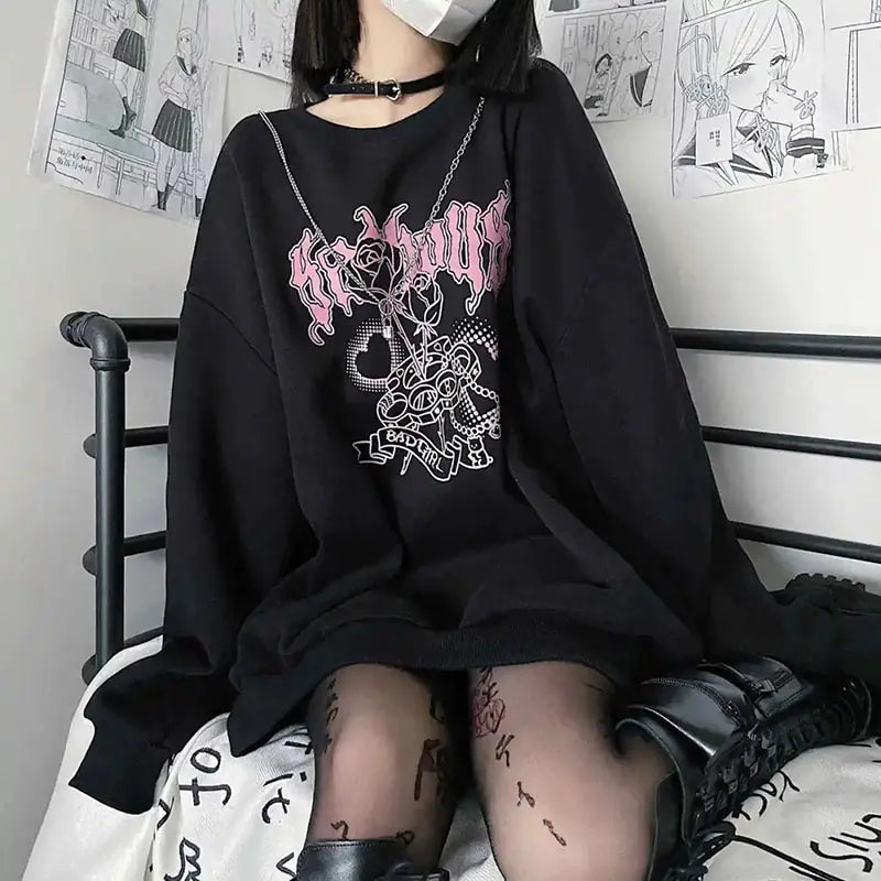 long sleeve japanese sweet cool black and white sweater women