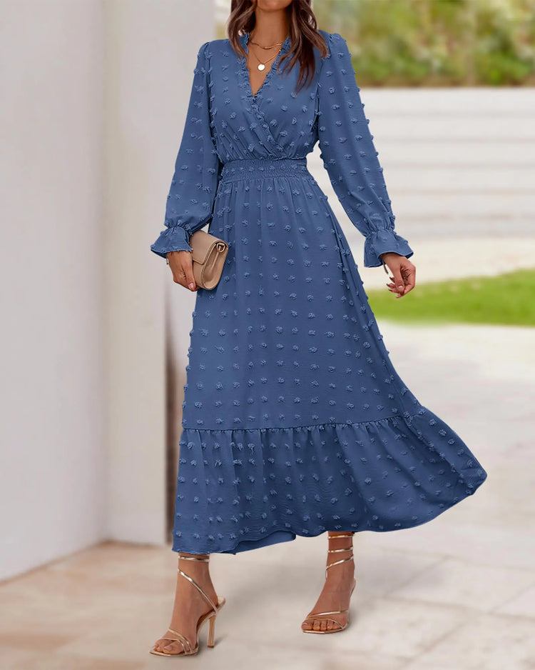 women high waisted ruffle dress with sleeves