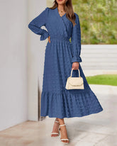 women high waisted ruffle dress with sleeves